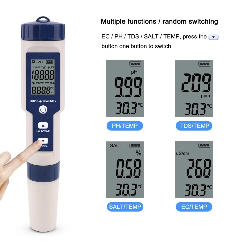 Multi-functions 5 in 1 pH TDS Ec Salinity Temp. Water Quality Tester Ez9909 LCD Screen with backlight from China factory cheap