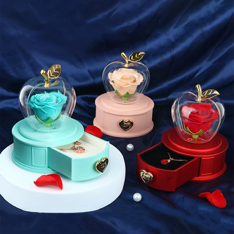 Hot Valentines Day Preserved Rose Acrylic Cover With Ring Necklace Gift Box Christmas Apple Shaped Eternal Flower Jewelry Box