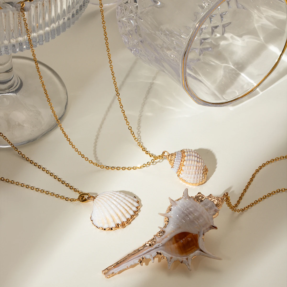 Ocean Charms Necklace 18K PVD Gold Plated Stainless Steel Waterproof  Beach Starfish Shell Necklace For Women