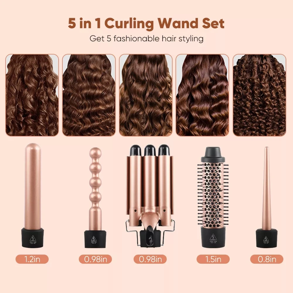 5 in 1 Interchangeable Curling Iron Curl Wand Curling Set LCD Display Private Label Hair Curler Roller Hot Brush Comb Tools