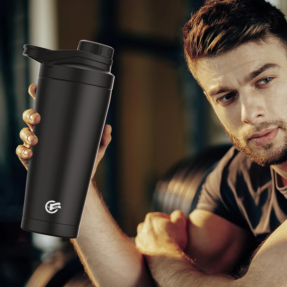 High Quality 750ml Gym Stainless Steel Shaker Bottle Custom Logo Protein Fitness Bottle  With Mixer Ball for Gym