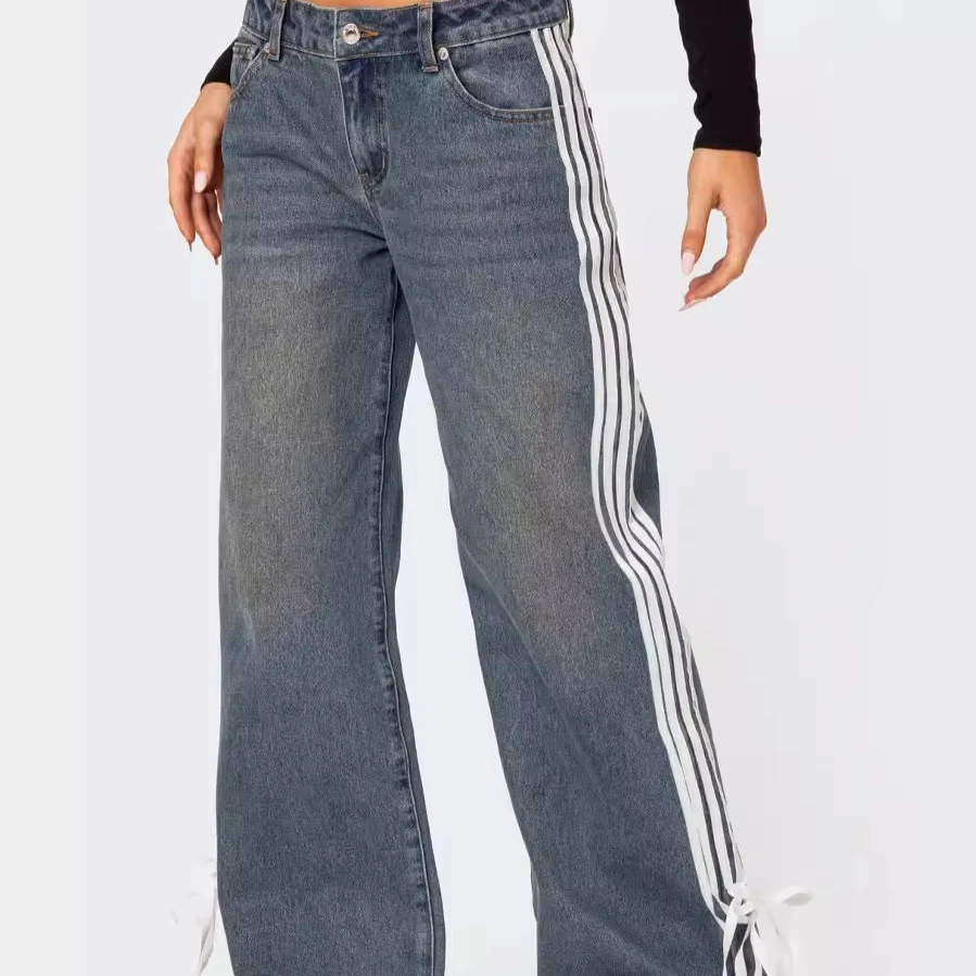 BR4524 New Fashion Loose Side Pull Wide Leg Jeans Women