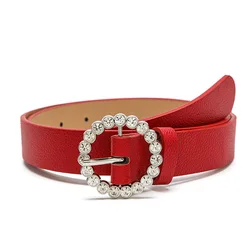 RS295 New Ladies Belt Elegant Texture Belt Women Pu Round Japanese Buckle Inlaid Brick Belt