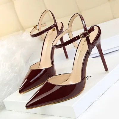 Wholesale Hollow Out Design Ankle Strap PU Leather Pointed Toes Women High Heel Shoes