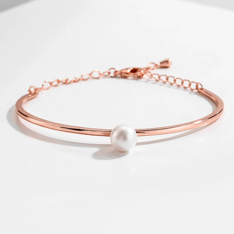 Korean Simple Style Gold Plated White Pearl Cuff Bangle For Women Girls Adjustable Pearl Open Bangle Bracelet