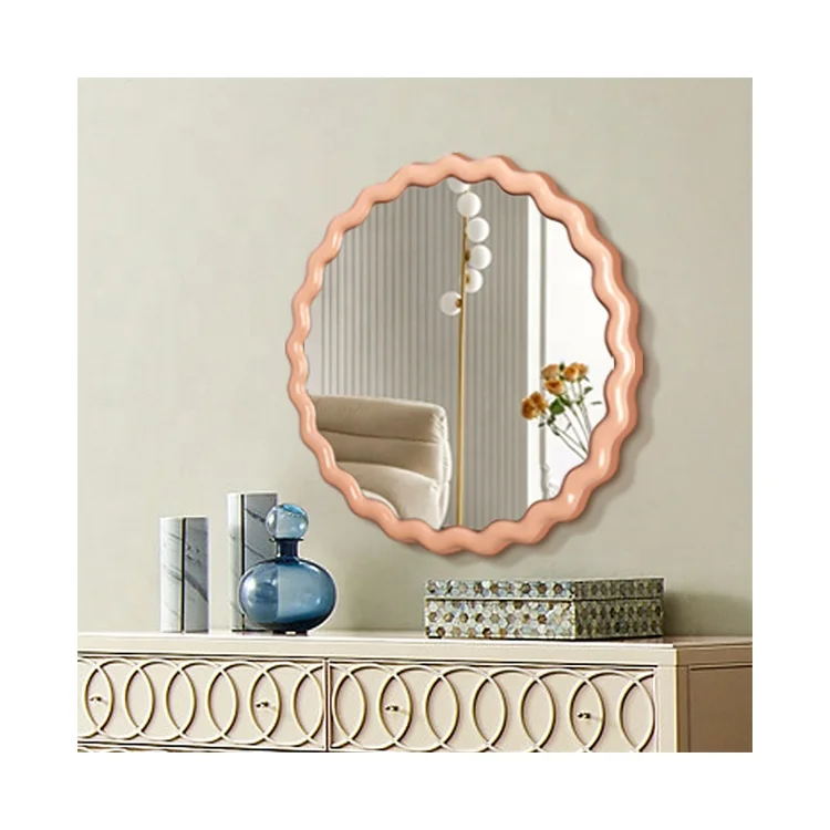 K&B hot sale Ins round pink candy design luxury large wooden wall art decor mirrors for home bedroom