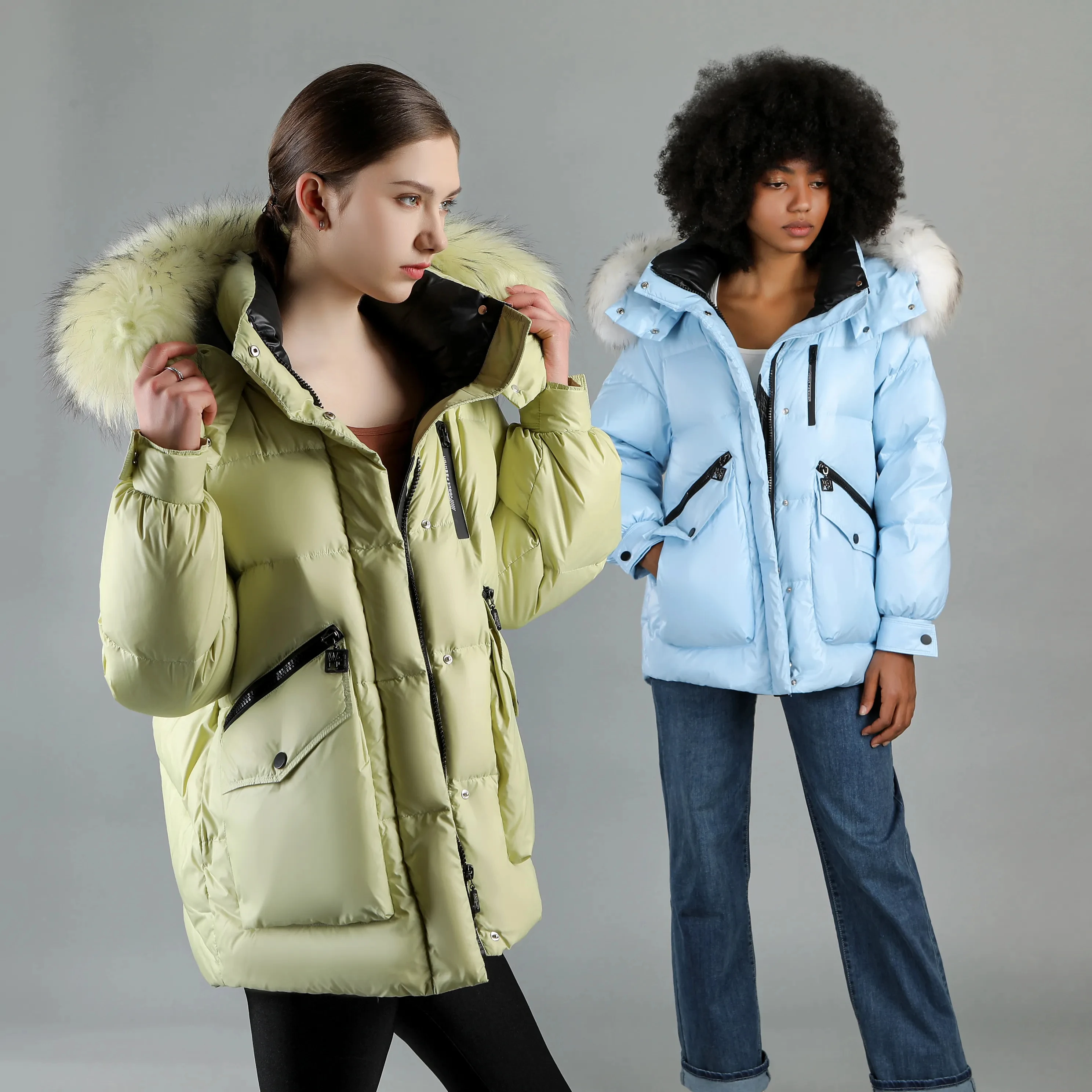 Custom Clothing Manufacturers Women Puffer Coats Wolf Fur Ruff Original Windproof Down Jackets Ladies Winter Warm Hooded Parkas