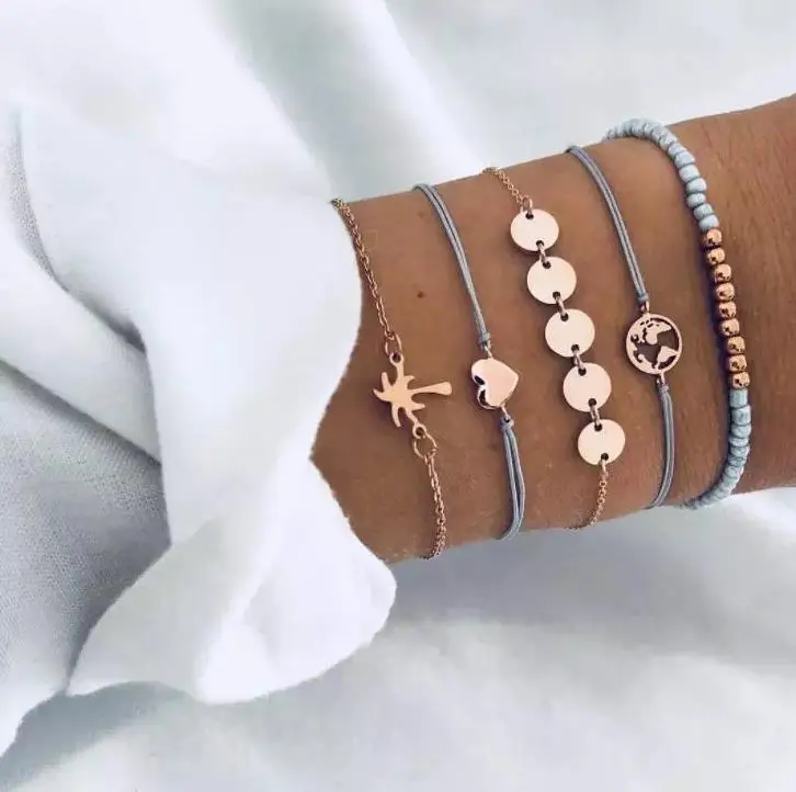 
5 PCS/Set Fashion Heart Map Charm Bracelets Set For Women Boho Vintage Stone Leather Chain Bracelet 