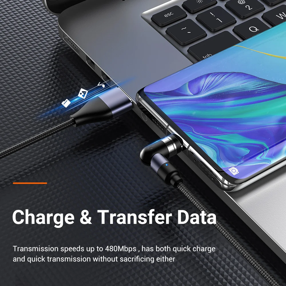 
OEM AM66 540 Degree 3A Fast Charging Led Mirco USB C Charger Magnetic Data Cable 