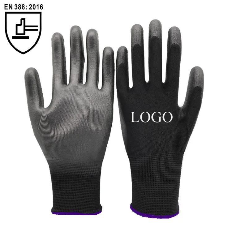 EN388 Nylon Knitted Black PU Coated Gloves General Purpose Safety Work Gloves
