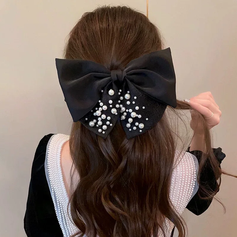 Mori Pearl Hair Clip Women Simple Elegant Bow Top Hair Accessories Fabric Ribbon Sweet Super Fairy Style Spring Metal Plastic