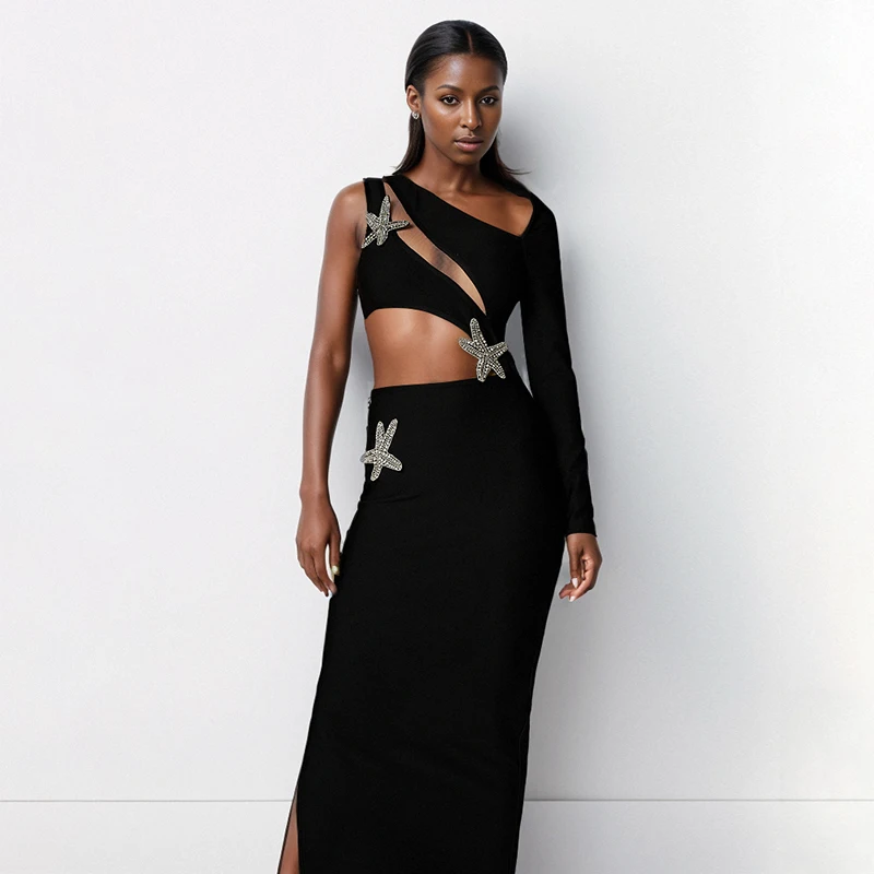 Elegant Hollowed One Shoulder Sloping Shoulders Dresses Long Sleeve Sexy Bodycon Vestidos Party Black Cocktail Dresses Female