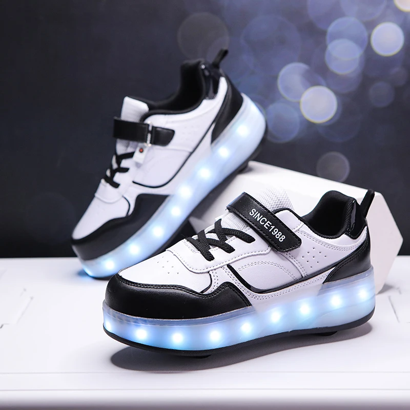 Aikuass LED Light up USB chargeable Roller Shoes Leather Upper Wheeled Skate Sneaker for Boys & Girls Christmas & Birthday Gifts