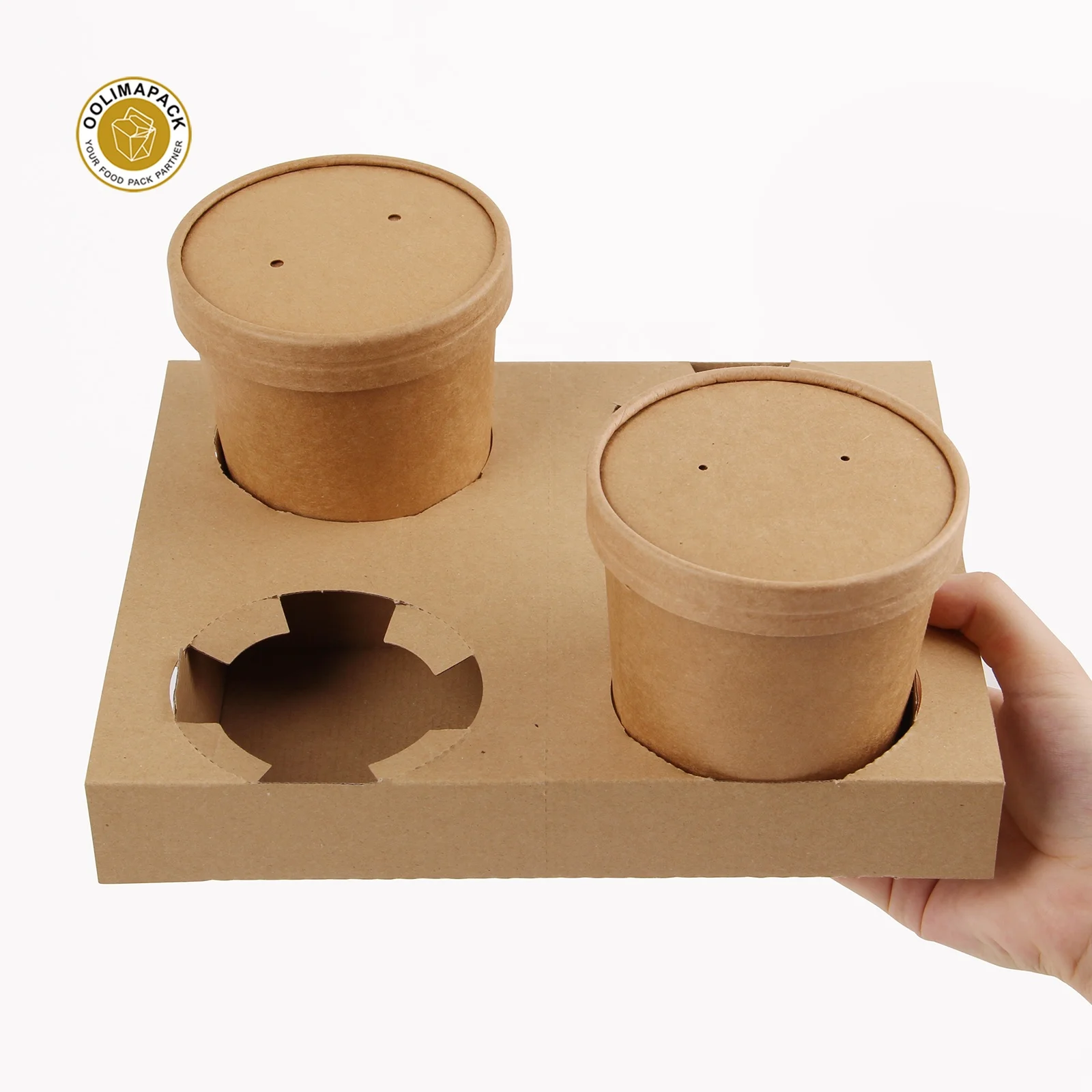 Custom disposable 4 kraft paper corrugated folded tray holder carrier for 8oz 12oz 16oz hot paper soup cup bowl