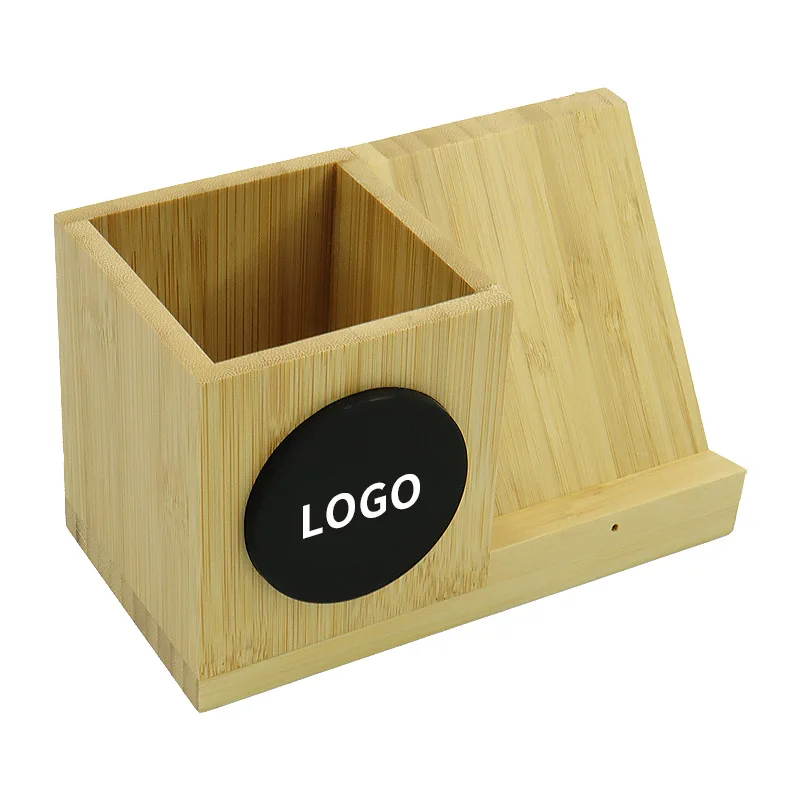 High Quality Bamboo Wireless Charger Of Pen container with Customized LED Light-up Logo Size 16*9*8cm Wireless Charging Penrack