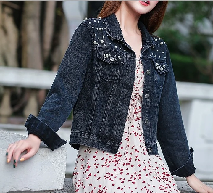 Fashion High Quality Rhinestone Ladies Jackets Pearls Beading Plus Size Blue Denim Coat Jean Jackets For Women