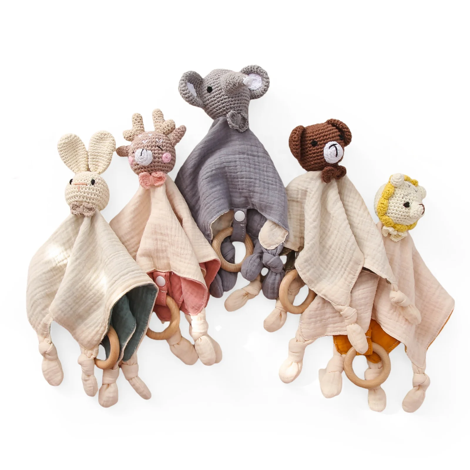 2024 New Arrival Newborn Baby Security Blanket Lovely Baby Comforter Toy Crochet Animals Rattles Wood Teether Ring