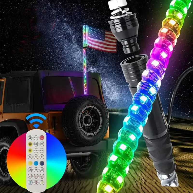 3ft 4ft 5ft 6ft Waterproof Spiral RGB Led Tail Whips Buggy Warning Spring Antenna Led Whip Lights for UTV ATV Led Whip Flag