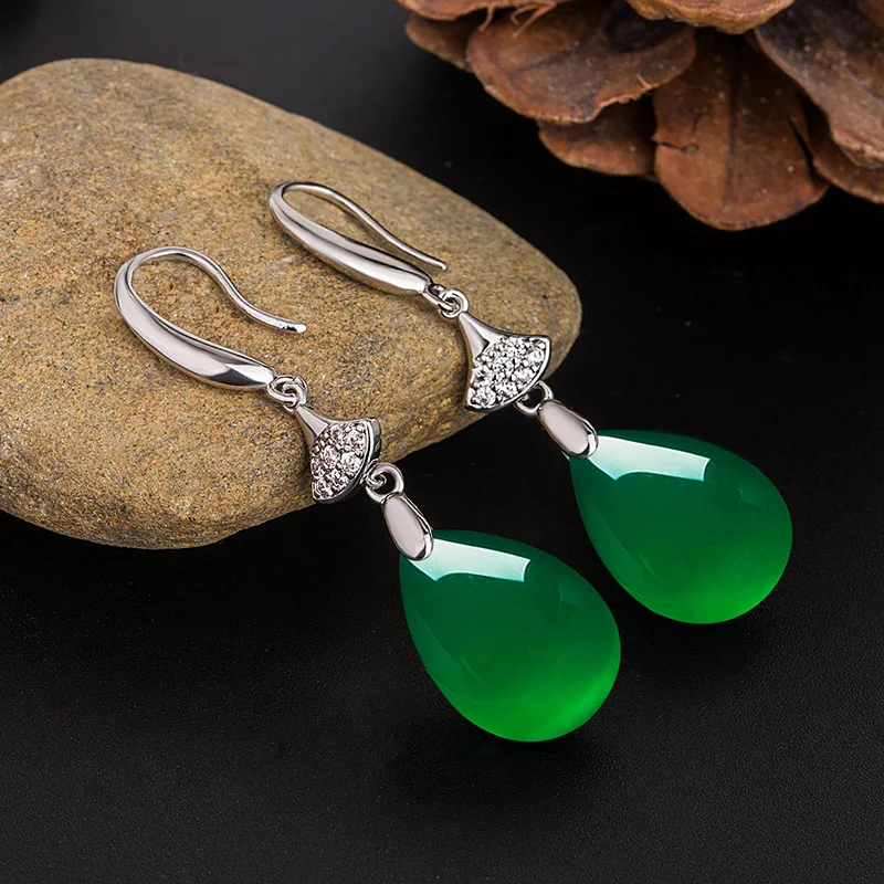 Green Chalcedony Eardrop Classical Ethnic Style Jewelry Chinese Style Hanfu Synthetic Hetian Jade Long Earrings