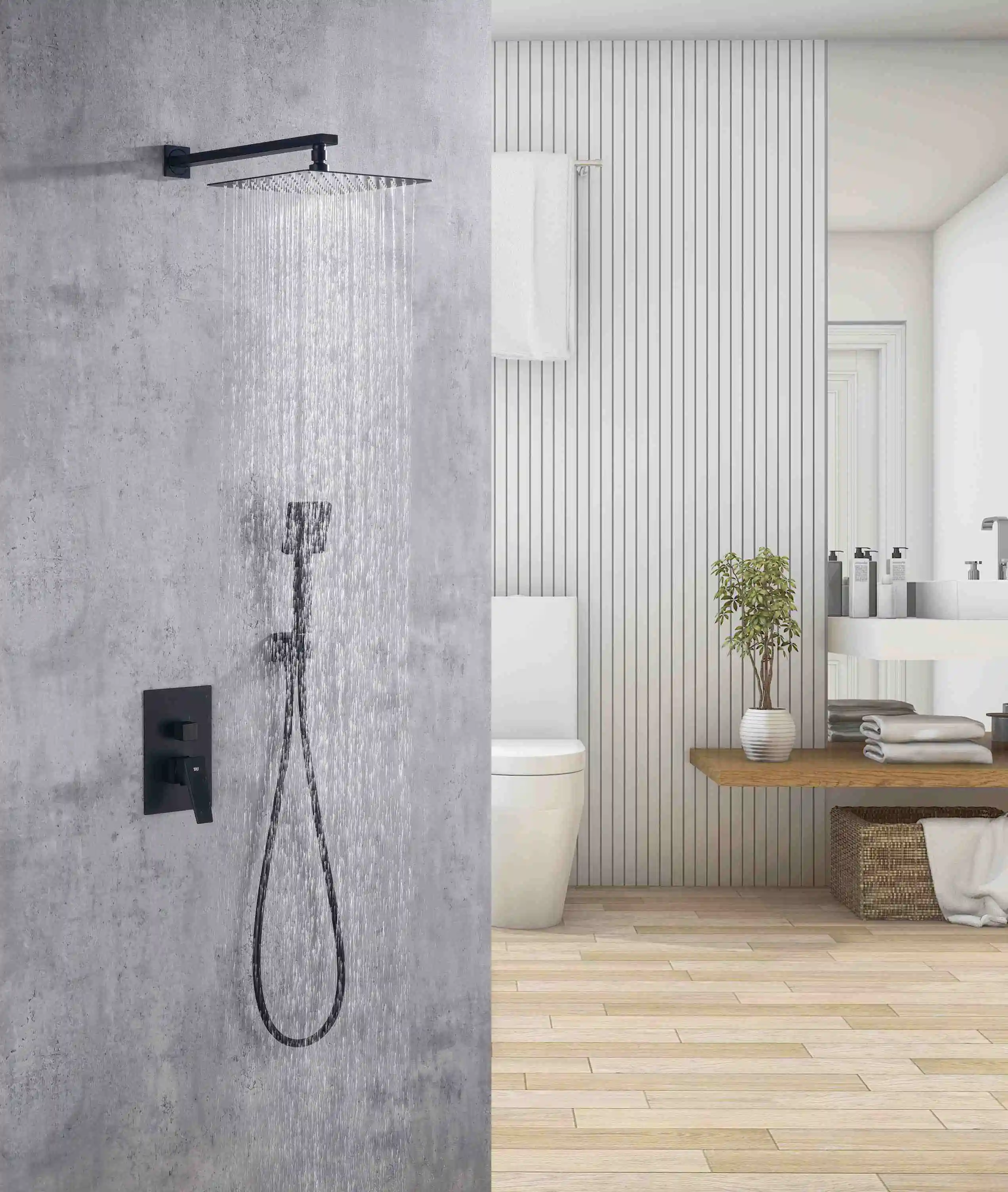 Modern Black Stainless Steel Black Mixer Bar Tap Bathroom Thermostatic Rainfall Shower Faucet Set