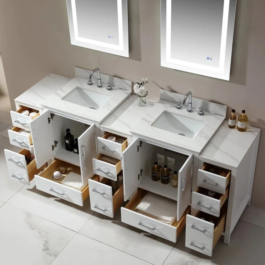 Freestanding undermount Sink White Stone Top Solid oak bathroom Vanity cabinet with Sink