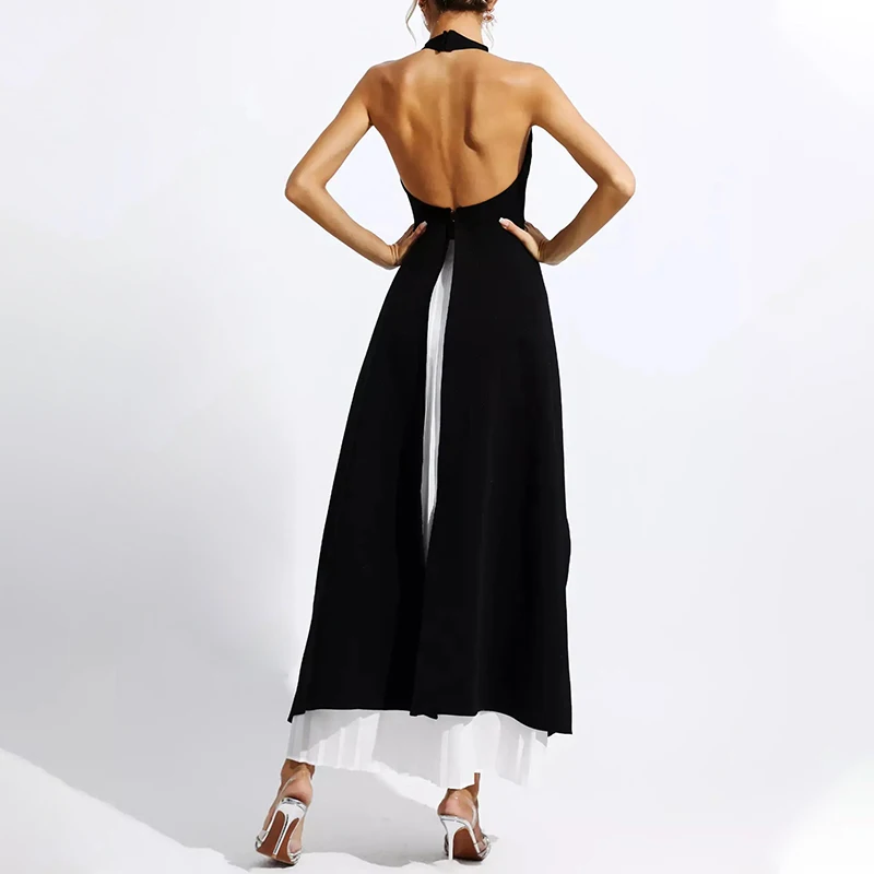 Custom trendy sleeveless halter black and white maxi party dress backless pleated dresses for women