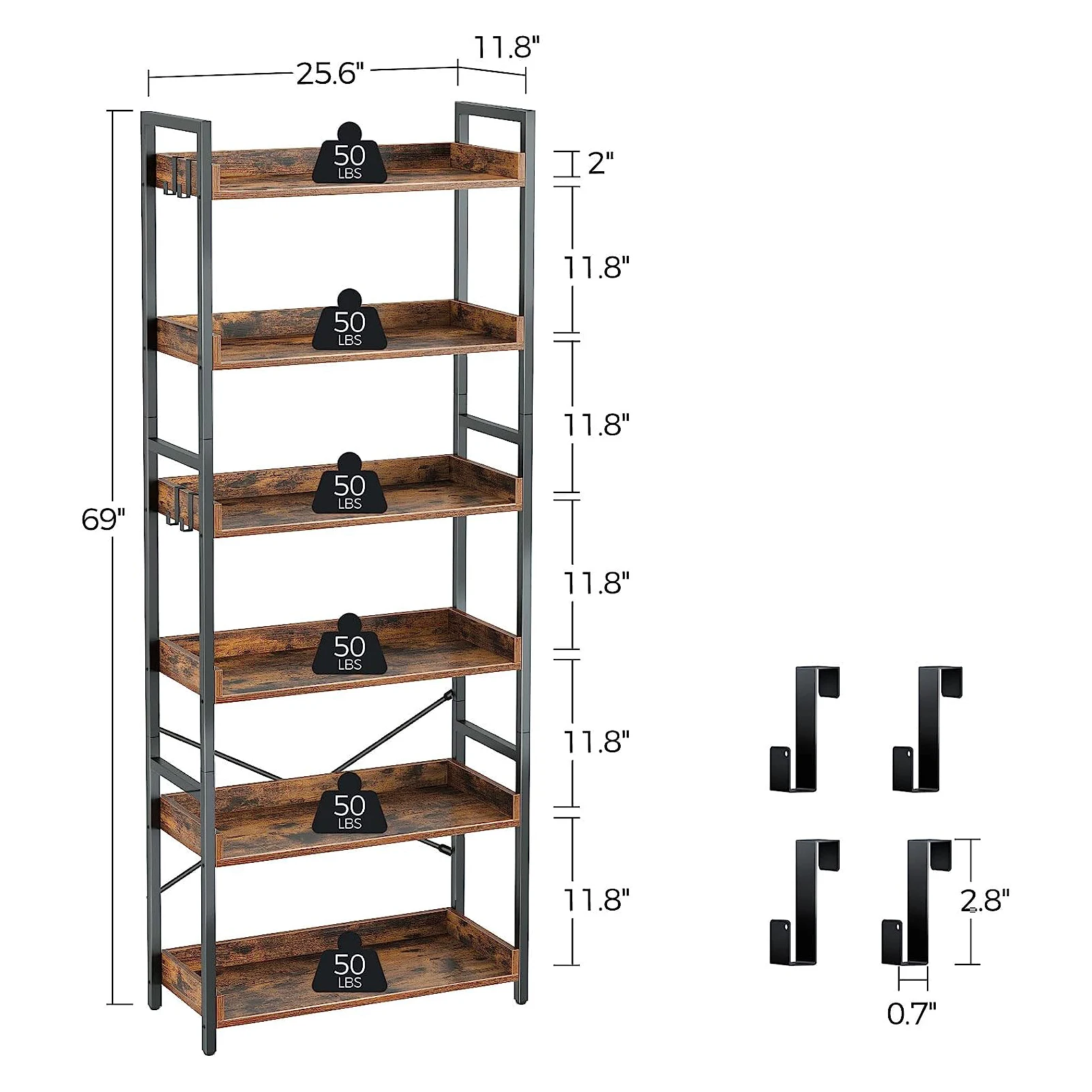 Bookshelf 6 Tier Industrial Bookcase Vintage Storage Rack with Open Shelves Rustic Standing Bookshelve Metal Frame Display Rack
