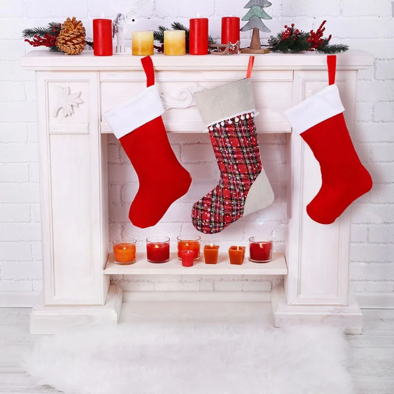 BSCI SJ0110-1 America popular burlap band snowy Christmas stocking lace balls custom plaid