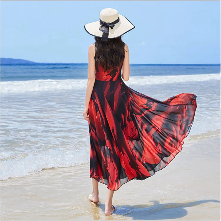 Long Printed Chiffon Dress Bohemian Maxi Skirt Dress Women Plus size Dress
