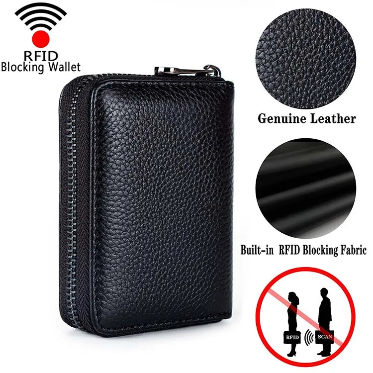 Genuine Leather Credit Card Holder Wallet RFID Blocking Secure Card Case ID Case Organizer Zipper Wallet