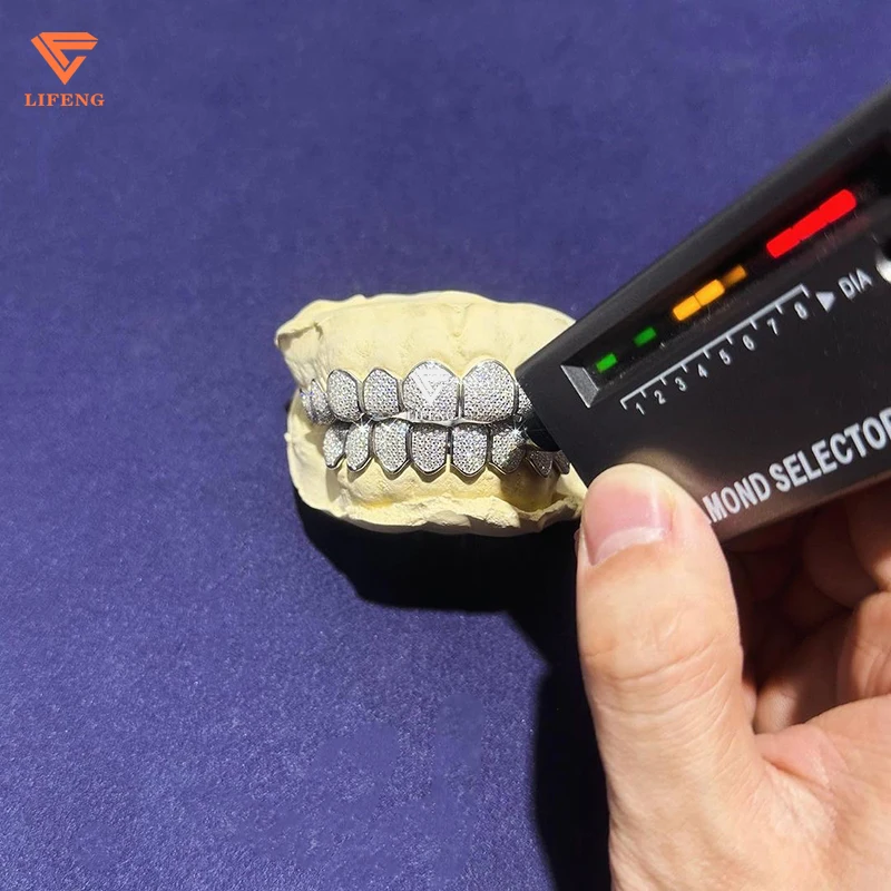 Custom HIphop Sterling Silver Teeth Grillz Honeycomb Setting VVS Moissanite Perm Cut Diamond Iced Bling Bling Jewelry
