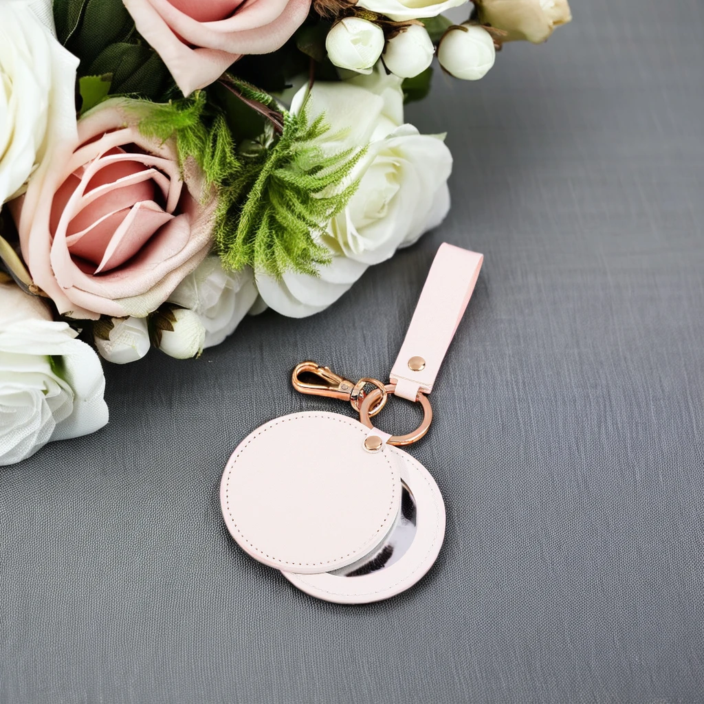 Round Pu Leather Makeup Mirror Keychain Carry-on Rotating Leather Mini Mirror for Travel Portable Keychain with Mirror