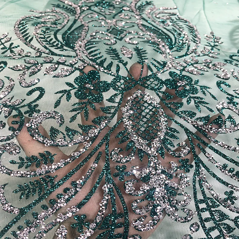 Beautiful colorful glitter crystal sequins wedding dress mesh lace embroidered tulle performance dress fabric
