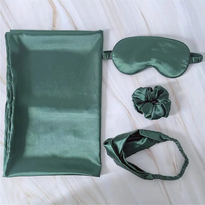 Double-sided Silk-Like Eye Mask Pillowcase Hair Ring Hair Band 4 Pieces Set Colored Fabric Pillow Towel Set In Stock