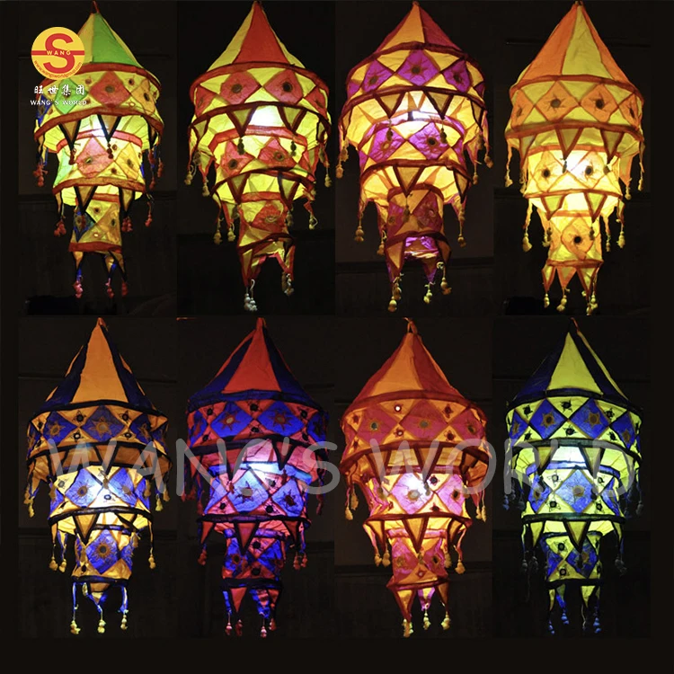Decorative Cloth LED Light Fabric Lantern Collapsible Eye Catching Embroidered Chandelier Lampshades