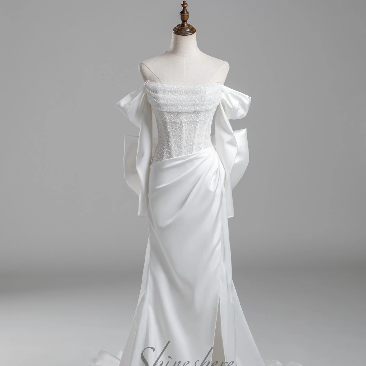 New Collection Modest Strapless White Ivory Sexy High Split Wedding Dress For Women Long Sleeves Elegant Bridal Gown 2022