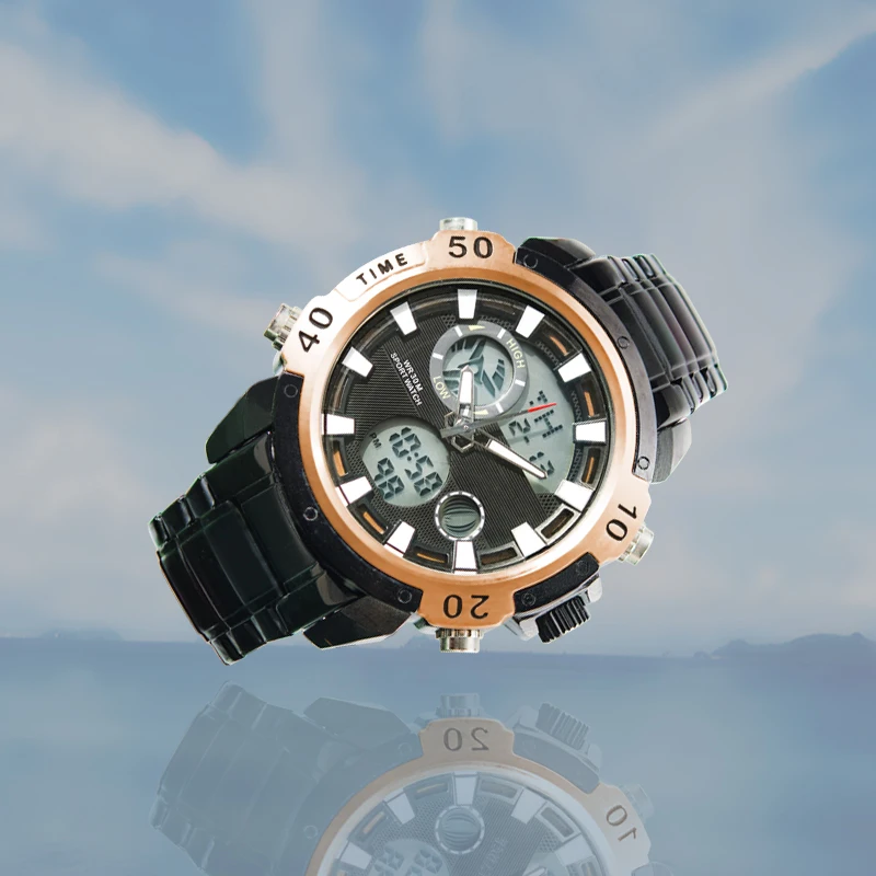 Casual Sports Watch LED Digital Waterproof Quartz Watch Dual Clock Stainless Steel Watch for men