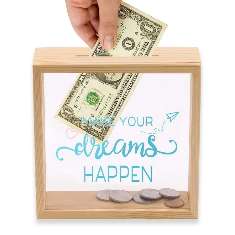 Wholesale Custom Storage Box Wooden Money Saving Box Rustic Finished Wood Piggy Bank Gift For Kids