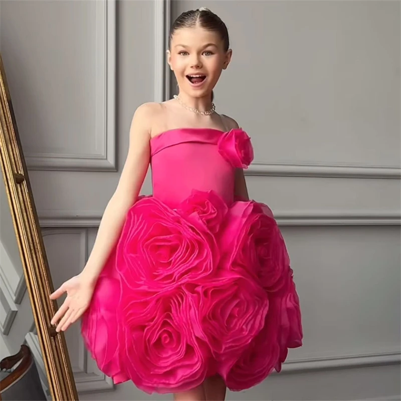 2024 Trend Princess Rose Petal Birthday Party Dress Beautiful Girls Runway Performance Ball Gown Dresses