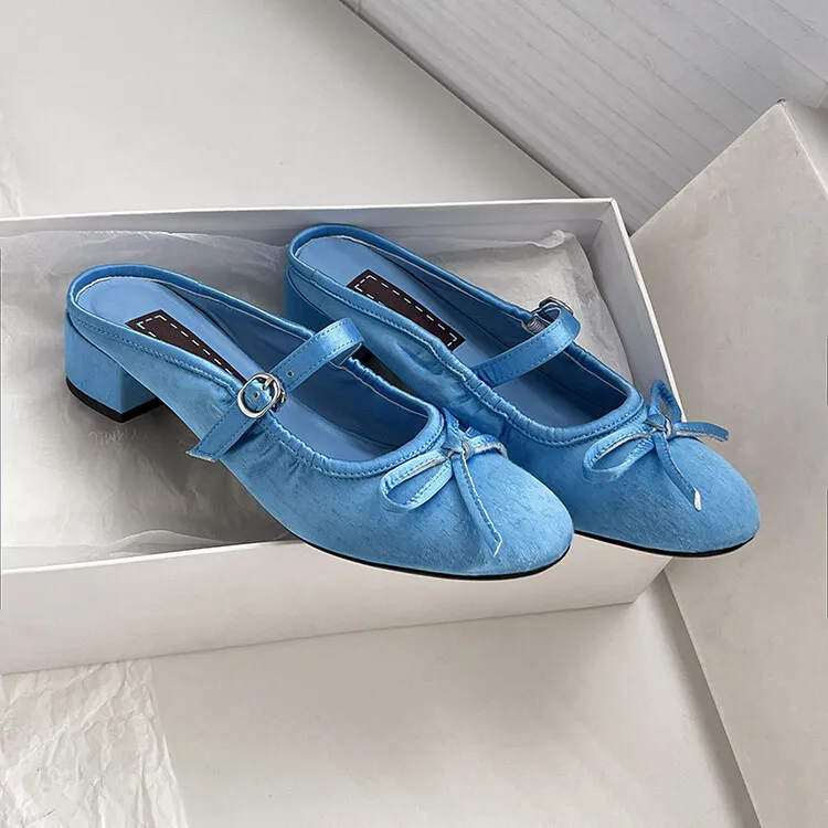 XINZI RAIN Logo Custom Ladies Ballerina Clog Sandal Cute Round Toe Silk Satin 4.5cm Block Heel Women Ballet Mule Shoes