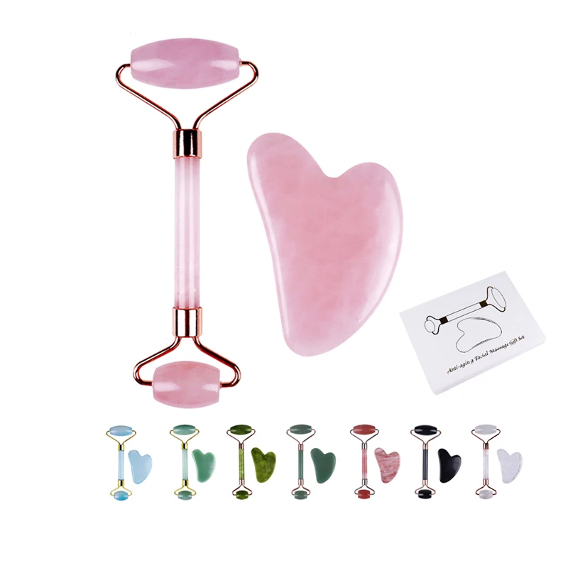 Private Label Face Quartz Jade Roller Gua Sha Set 100% Natural Anti Aging Green Pink White Heart Shaped Guasha Massage Tool