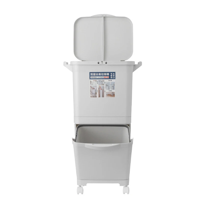 Kitchen Double-layer Rectangular Dustbin Plastic Wheeled Recycle Waste Bin Trash Can with Lid for Sale