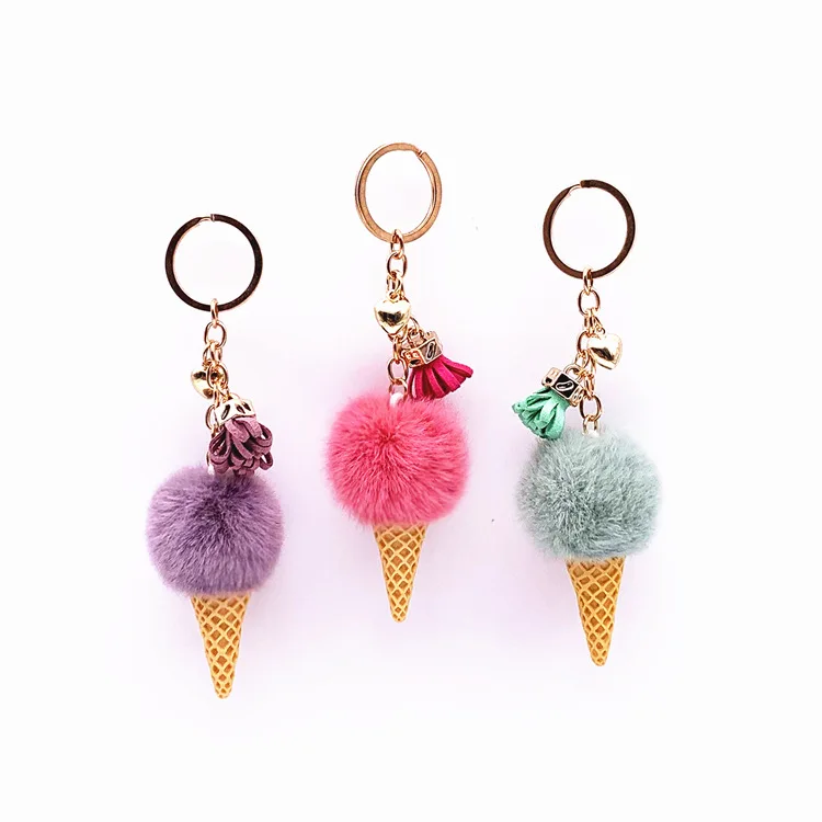 Xinxing Candy Color Ice Cream Shape Keychain Cute Pompom Pendant Keyring for Women Girls Wallet Handbag Ornament Car Decoration