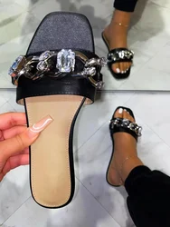 2021 Sandals for Women And Ladies New Design Shoes Lady Flat Slippers Summer Fashion Diamond Ladies Metal Chain Slide Sandal