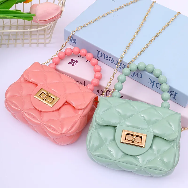 Trendy jelly purse bag for girl cute princess handbag PVC shoulder bags with pearl handle long chain
