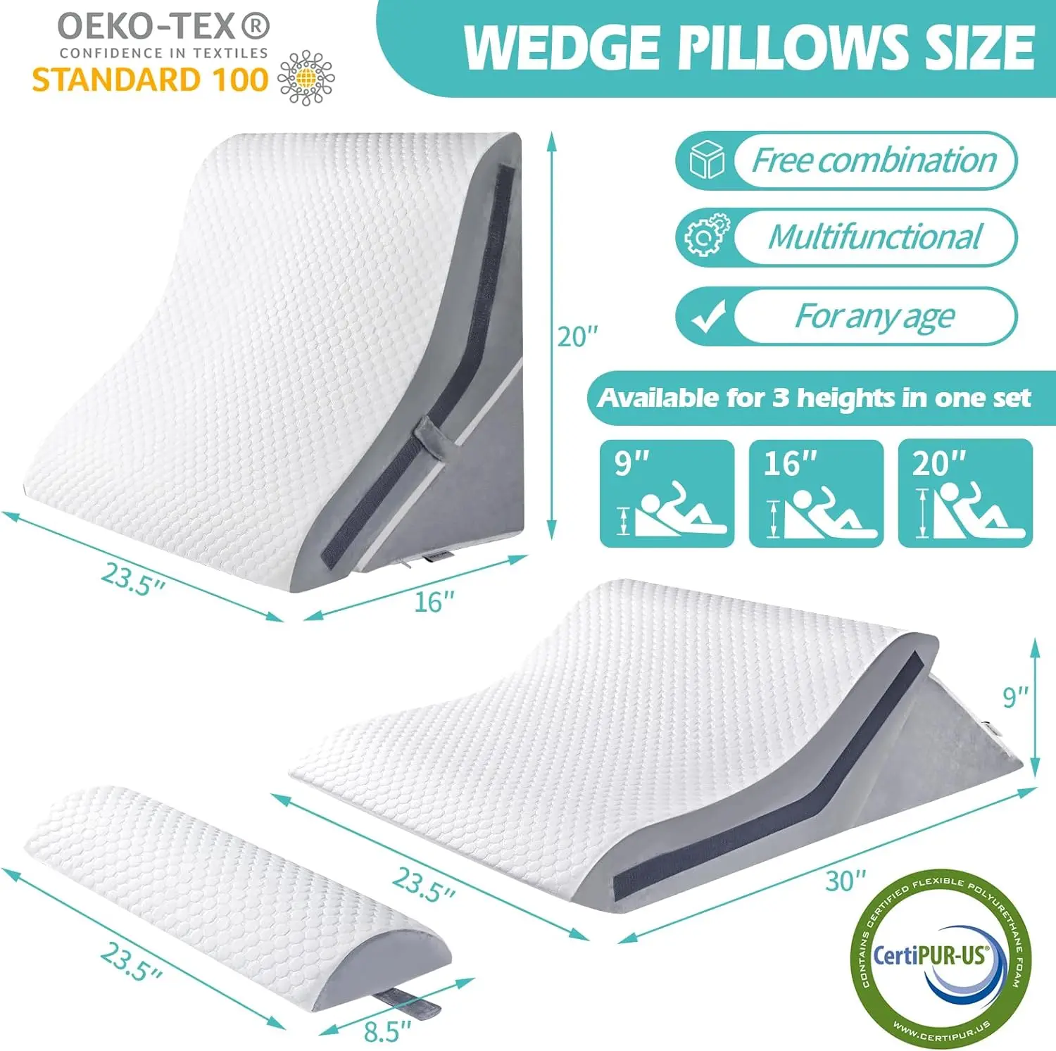 Orthopedic Bed Wedge Pillow Set 15-in-1 Removable Cover 3PCS Adjustable Memory Foam Wedge Pillows for Sleeping Comfortable