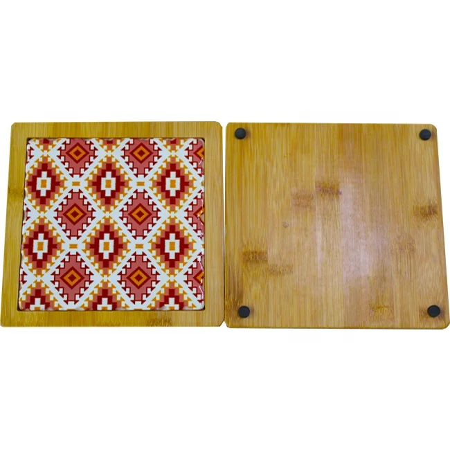 Round bamboo trivet with ceramic in the middle for Hot Dishes and Pans,Heat Pots, Decorative Kitchen Mat