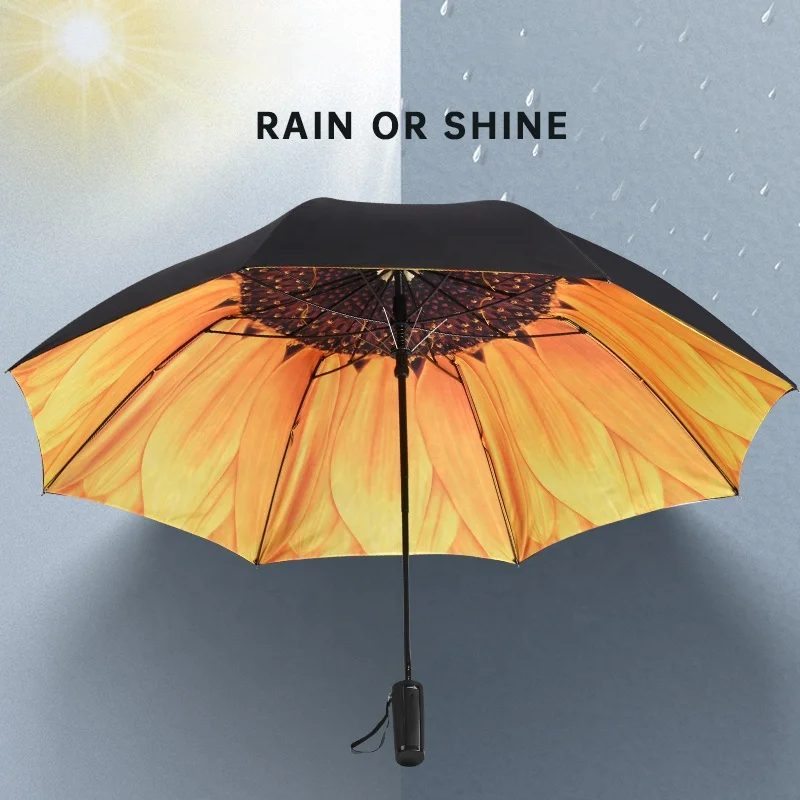 Цифровая печать подсолнухов 23 дюйма двухслойный двойной складной полуавтоматический 2 складной зонт