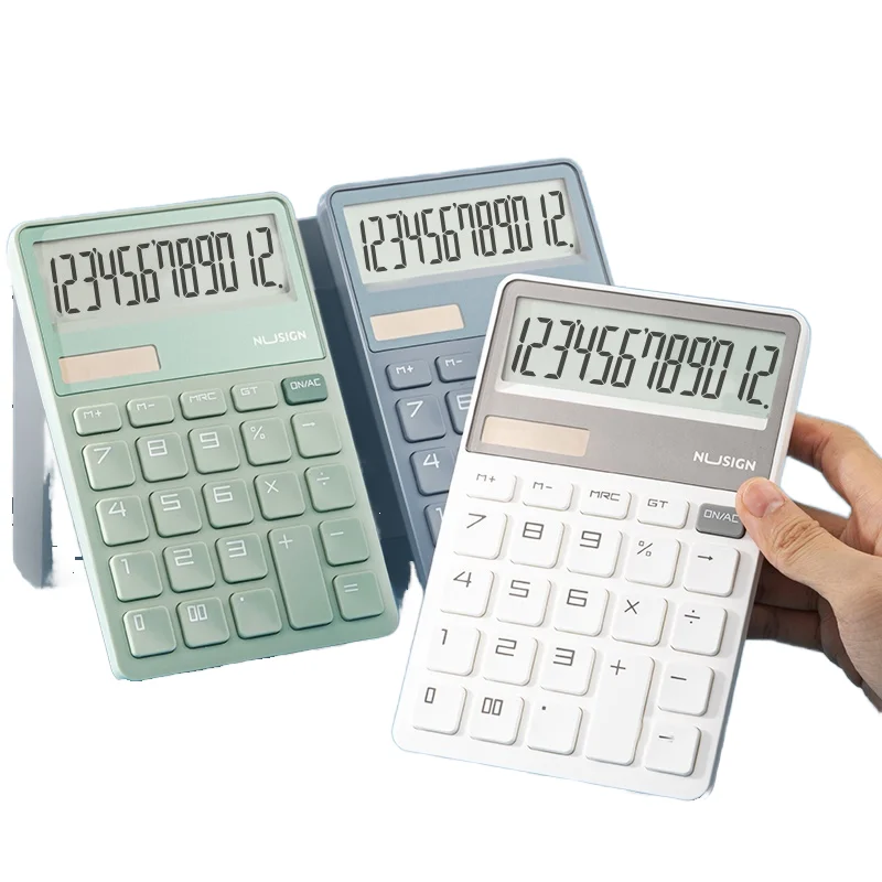Deli New Sai Portable Solar Fashion Calculator 12-Slot Mini Office Accounting Computer Dual Power Plastic Button Light Thin Moss