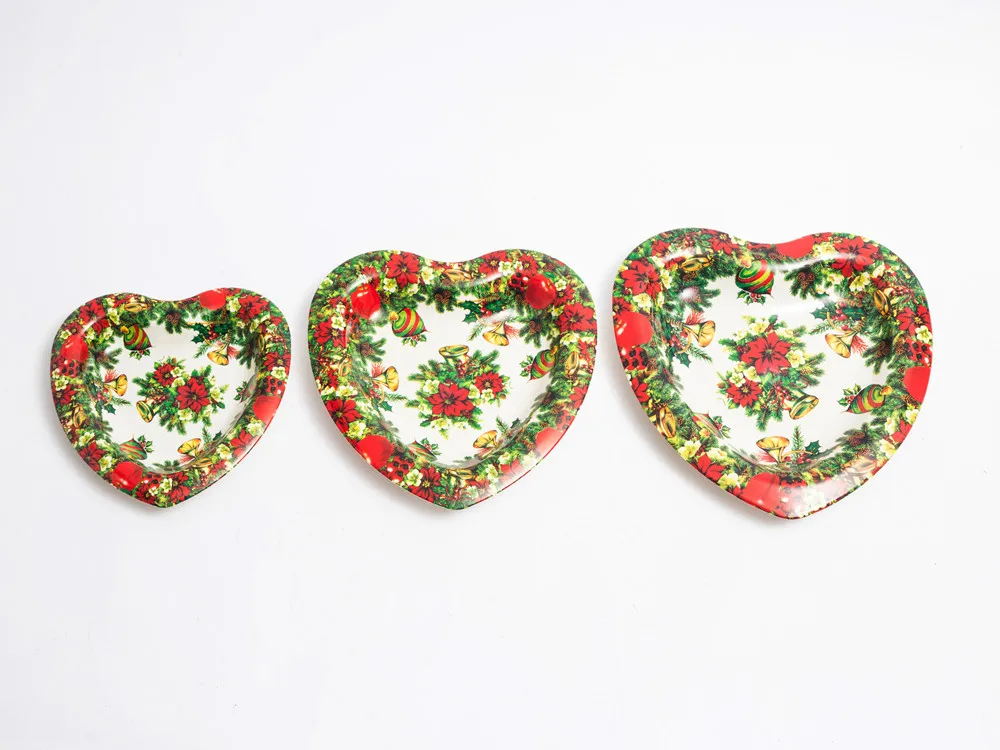 Heart shape plastic serving tray,western design christmas printed holiday plastic serving tray